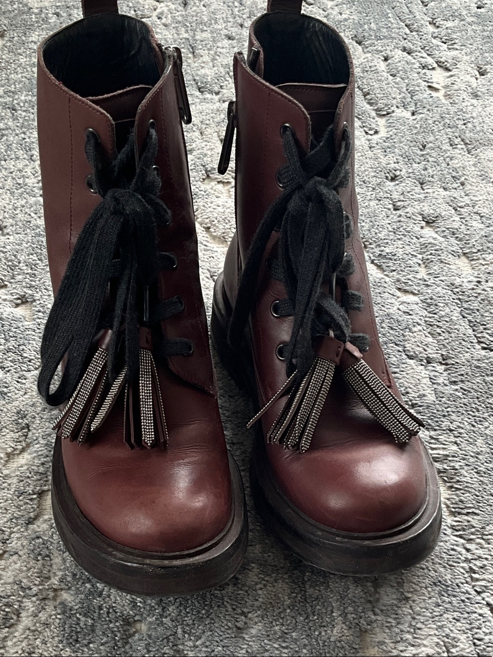 Brunello Cucinelli Burgundy Lace-Up Ankle Boots with Tassel Detail